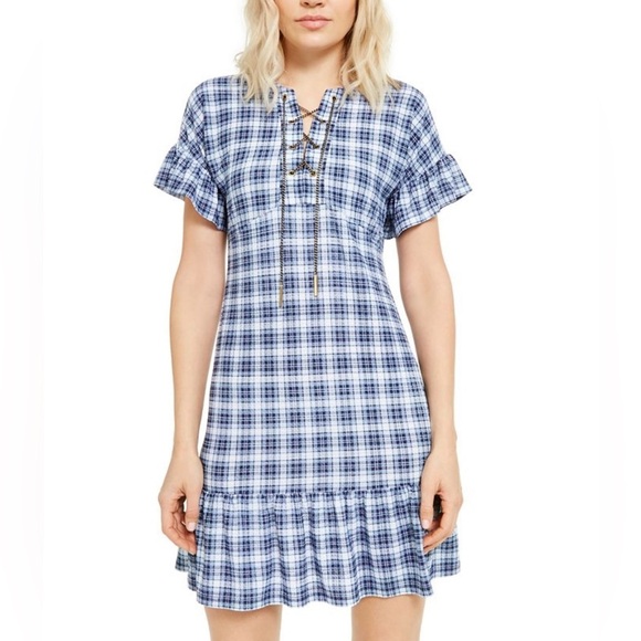 Michael Kors| Chain Lace-Up Plaid Dress, Edgy & Preppy Style•••Dolman Mini Dress - Picture 1 of 15